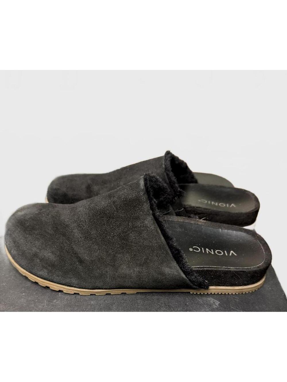 Vionic Arlette Black Suede Shearling Mule Clogs – Women’s Size 10